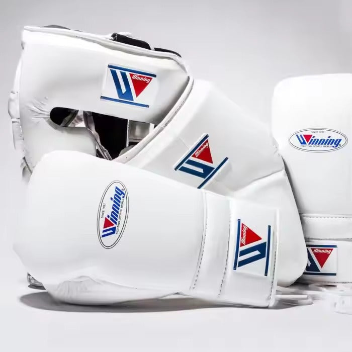 Pure White Elite Leather Boxing Set – Gloves, Headguard & Groin Guard – product image 1