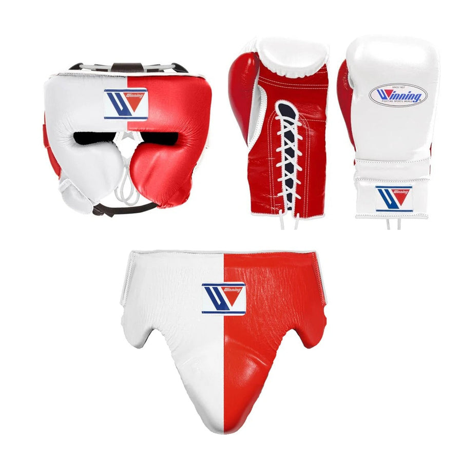 Winning Boxing Set – Genuine Leather Gloves, Headgear & Groin Guard in White & Red – product image 1