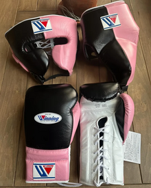 Winning Style Black & Pink Boxing Set | Lace-Up Gloves, Headgear & Groin Guard – product image 1