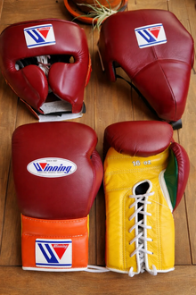Winning Style Boxing Set Maroon/Yellow – Lace-Up Gloves, Headgear & Groin Guard – product image 1