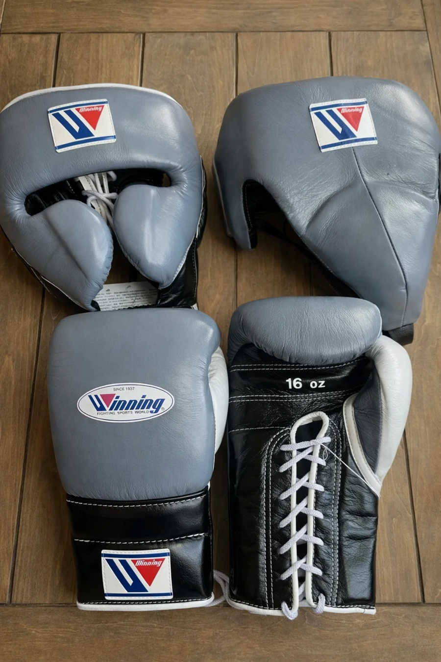 Winning Boxing Set Grey/Black – Lace-Up Gloves, Headgear & Groin Protector – product image 1