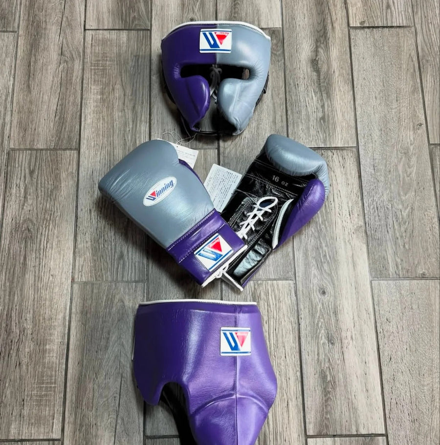 Winning Style Grey & Purple Boxing Set | Lace-Up Gloves, Headgear & Groin Guard – product image 1