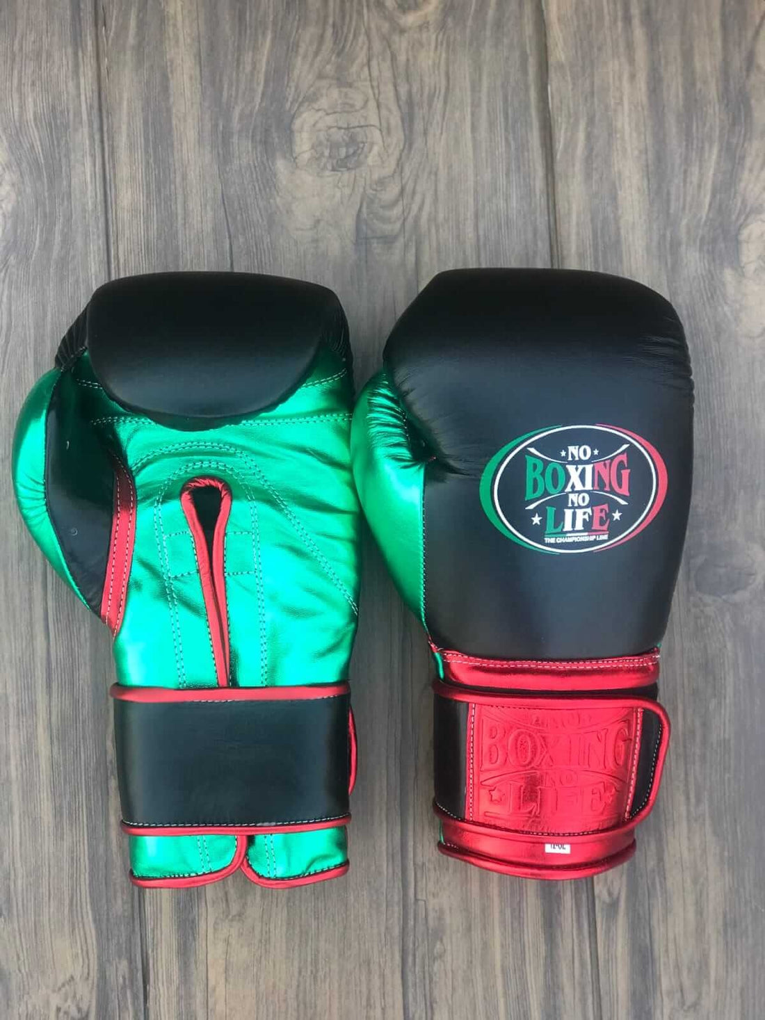 Black Green Red Metallic Boxing Gloves – Premium Leather Training Gloves – product image 1