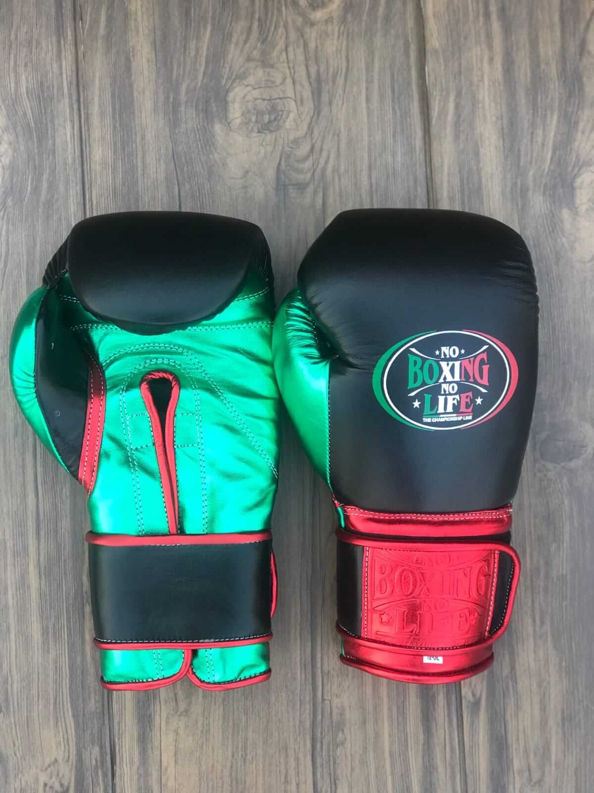 Black Green Red Metallic Boxing Gloves – Premium Leather Training Gloves – product image 1