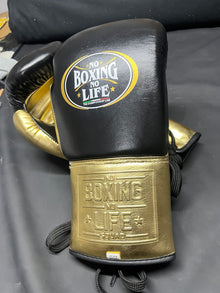 No Boxing No Life black and gold lace-up boxing gloves pair