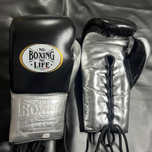 No Boxing No Life black and metallic silver lace-up boxing gloves front and back view