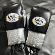 No Boxing No Life black and metallic silver lace-up boxing gloves front pair view