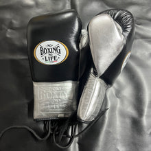 No Boxing No Life black and metallic silver lace-up boxing gloves side and wrist detail