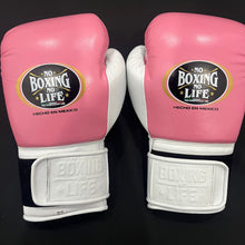 No Boxing No Life white and metallic pink lace-up boxing gloves front view
