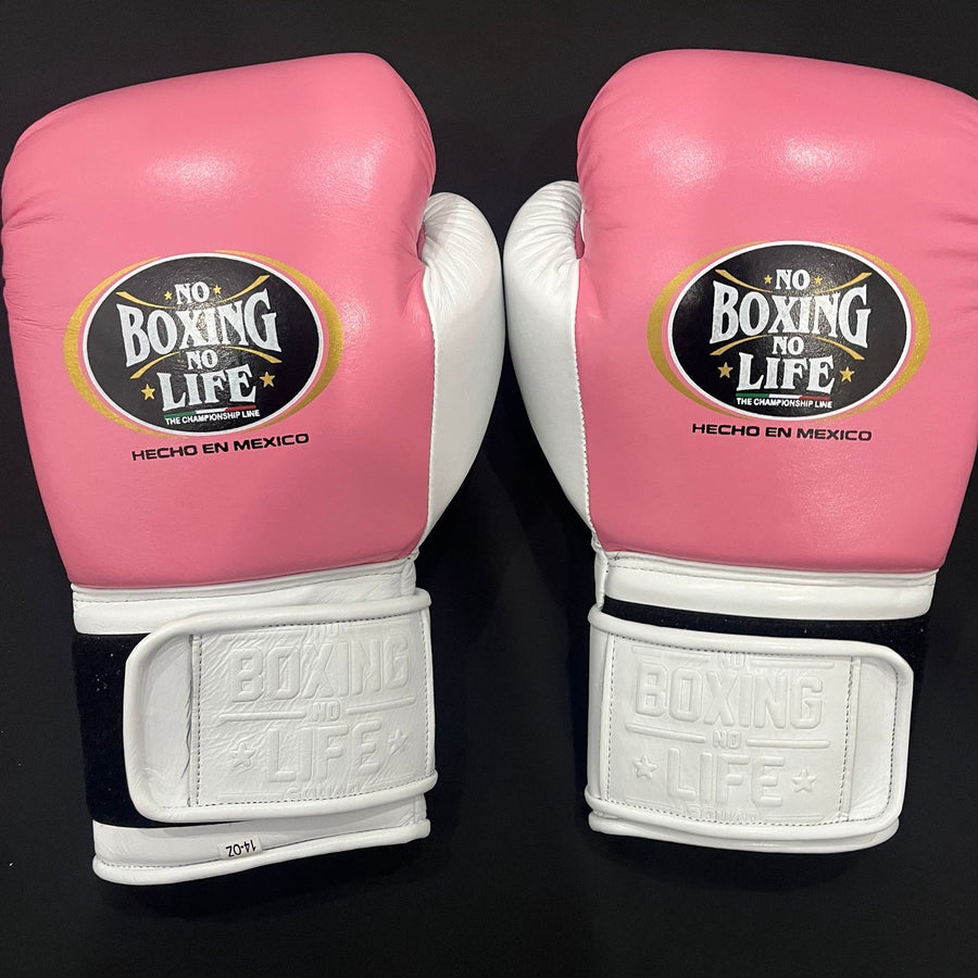 No Boxing No Life white and metallic pink lace-up boxing gloves front view