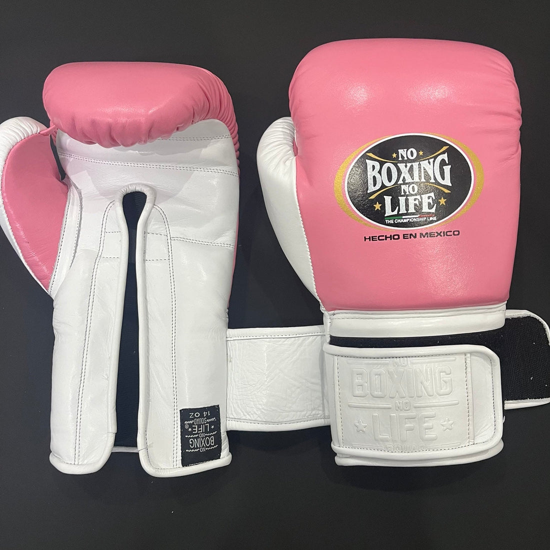 No Boxing No Life white and metallic pink lace-up boxing gloves side and cuff view