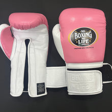 No Boxing No Life white and metallic pink lace-up boxing gloves side and cuff view