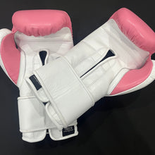 No Boxing No Life white and metallic pink lace-up boxing gloves rear and wrist closure