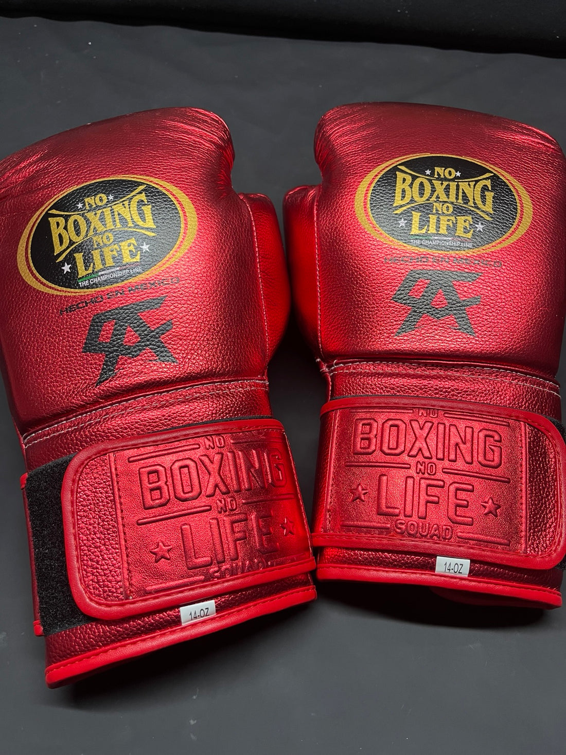 No Boxing No Life red premium boxing gloves pair detail view