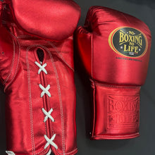 No Boxing No Life red lace-up boxing gloves side and wrist detail