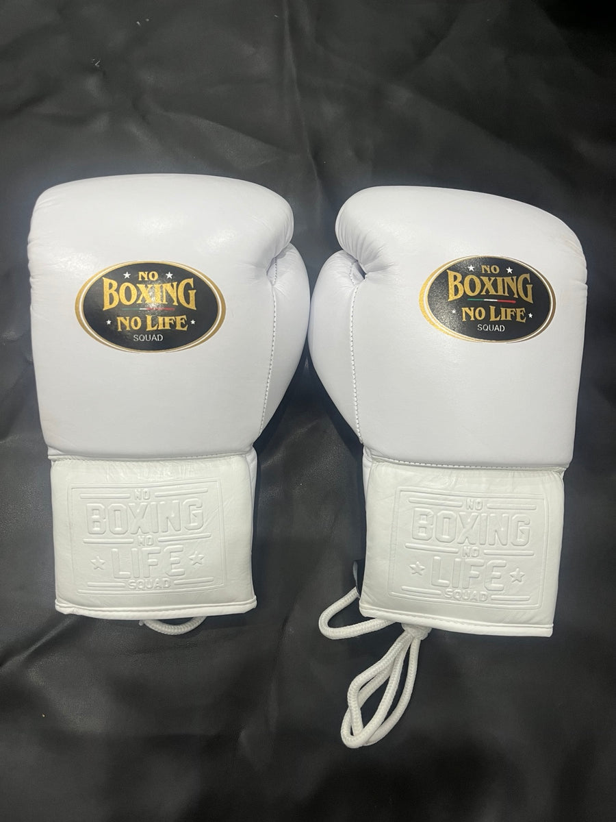 No Boxing No Life white lace-up boxing gloves front view