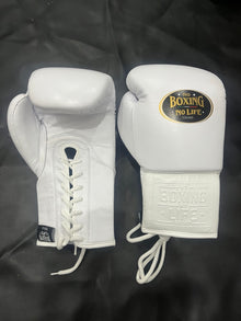 No Boxing No Life white lace-up boxing gloves front and rear view