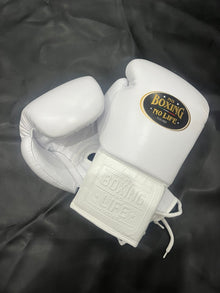 No Boxing No Life white lace-up boxing gloves angled product view