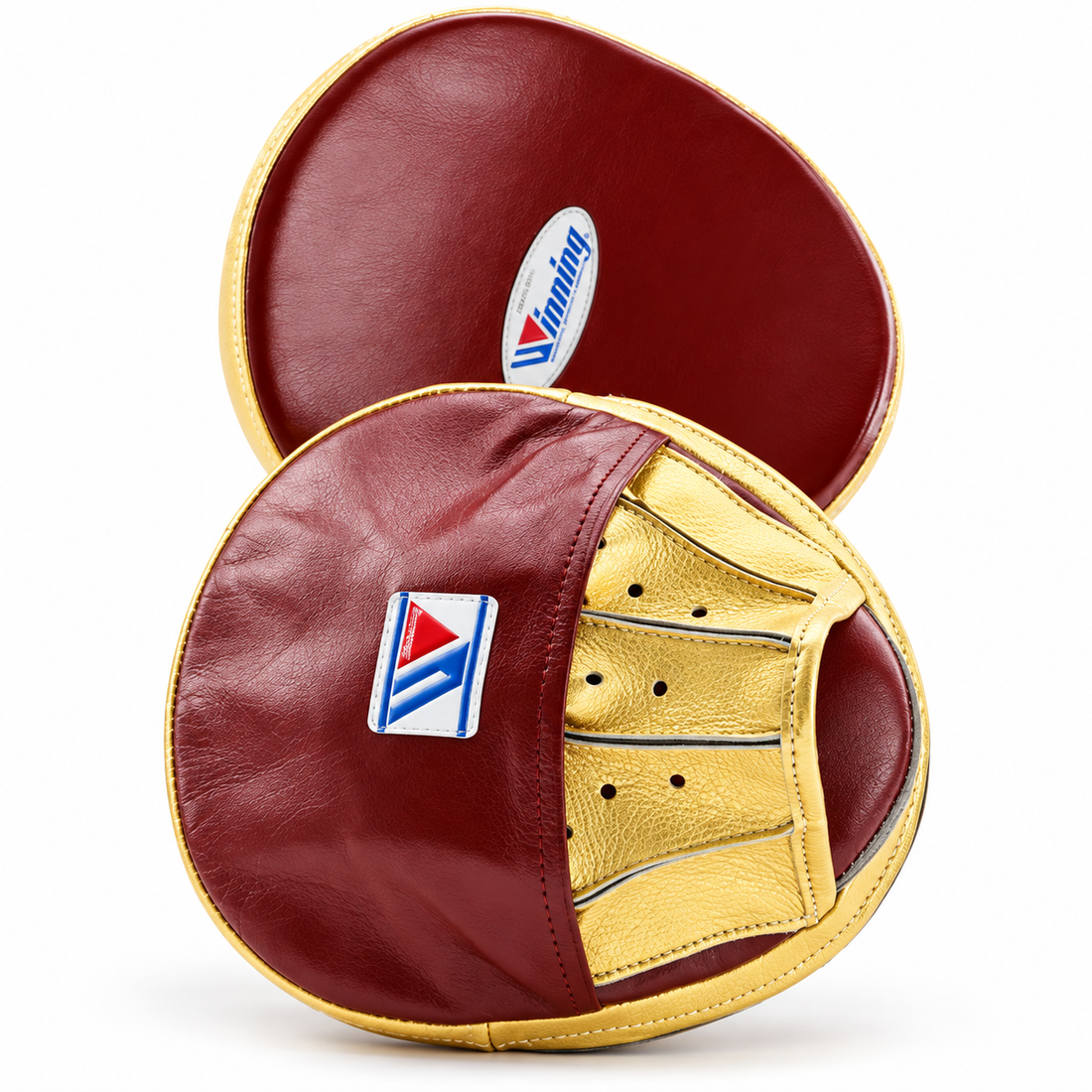 Winning burgundy and metallic gold boxing focus mitts pair