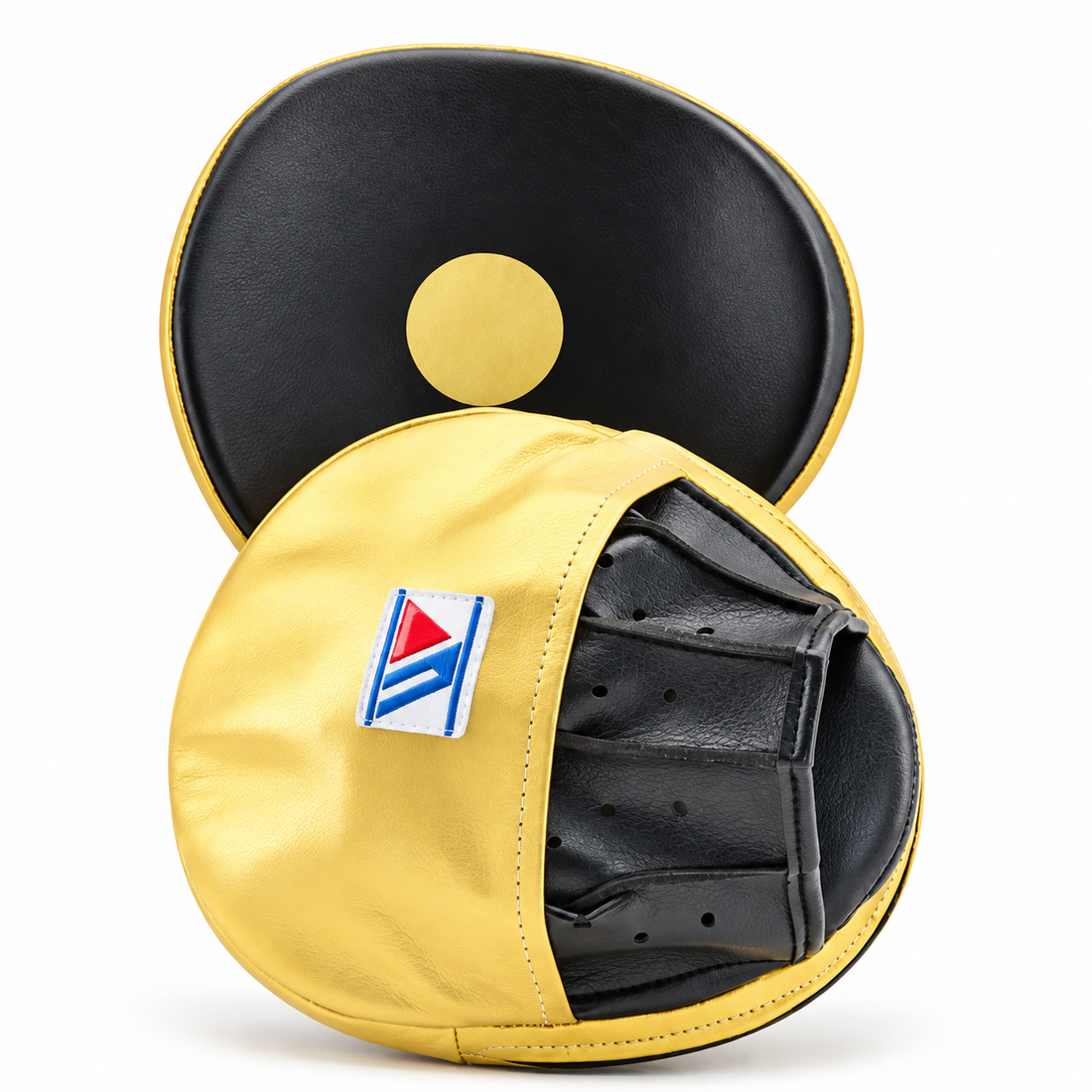 Winning metallic gold and black boxing focus mitts pair with target circle